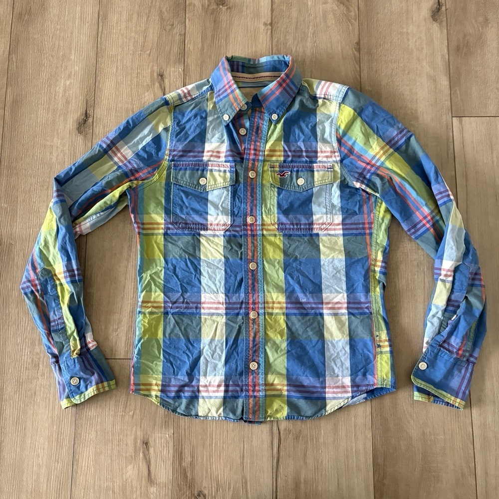 Hollister Button Down Men's Size Small Shirt Y2K Plaid Green Blue